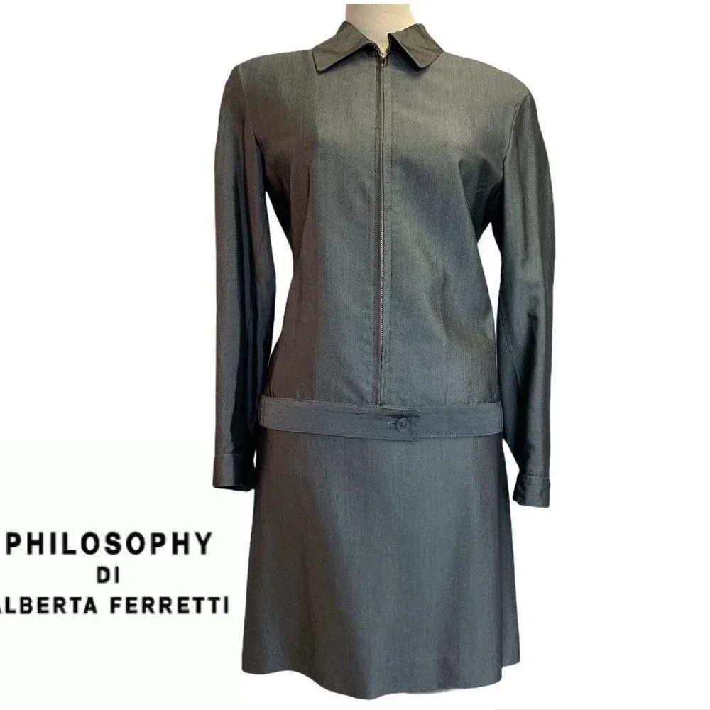 Philosophy Di Alberta ferretti Gray Silver Skirt Blazer Jacket Suit Sz 8